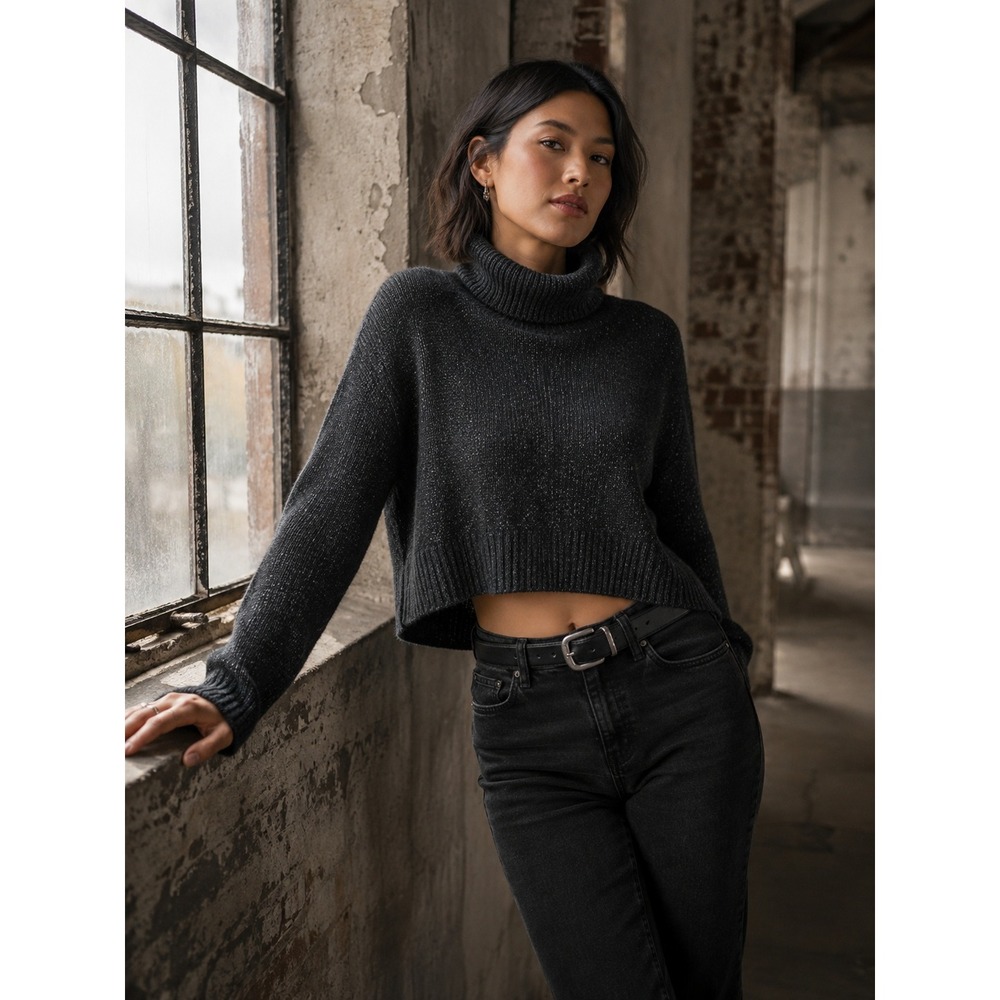 AllSaints Charcoal Grey Metallic Shimmer Cropped Turtleneck Sweater Large
